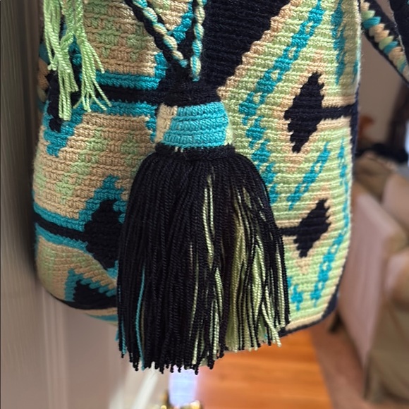 Handmade Woven Bucket Bag w/Strap & Handles - Tassels Navy Turquoise Mint Tan - Picture 9 of 15